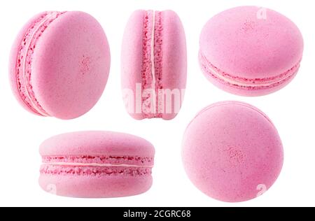 Isolated pink macarons collection. Strawberry or raspberry macaroon at different angles isolated on white background Stock Photo
