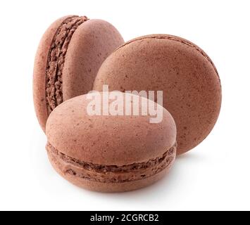 Three сhocolate macaroons isolated on white background Stock Photo