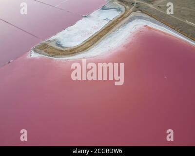 Pink lake from a height, white shores covered with salt and pink water, beautiful top view. Stock Photo