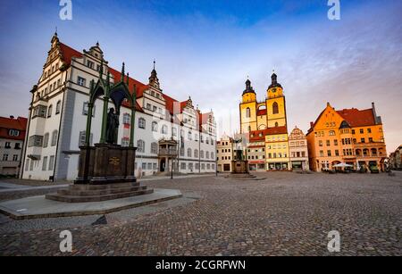 Market Square of Lutherstadt Wittenberg in Saxony-Anhalt, Germany. Famous for its close connection with Martin Luther and the Protestant Reformation Stock Photo