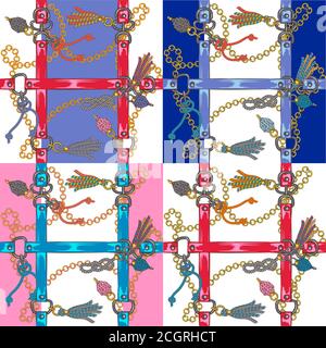 Luxurious elegant pattern with fashion accessories the splendor of the 80s in the color of live coral and turquoise white Seamless pattern with straps Stock Vector