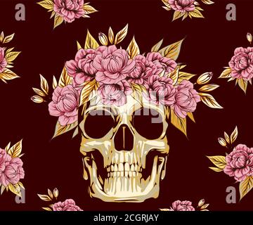fabric pattern metal skull with golden roses floral wreath, happy halloween greeting cards, holiday poster concepts, banner design, Stock Vector
