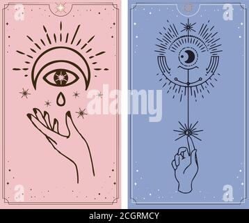 moon and sun tarot cards, Hands set in simple flat esoteric boho style. esoteric of logo with various symbols. astrological and esoteric concept. Stock Vector