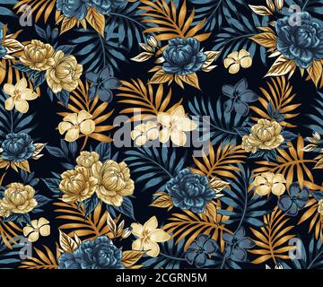 pattern for fabric or paper on the theme of golden flowers and palm leaves with a blue tone on a black background, suitable for your design Invitation Stock Vector