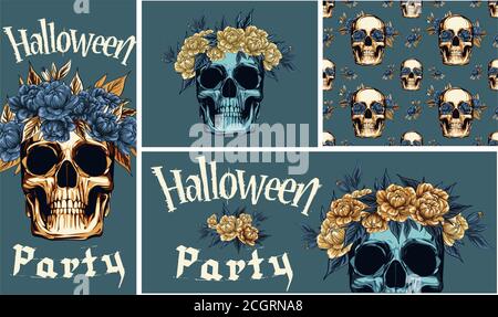 Metal skull with floral wreath of golden roses, template for stories and social media messages, illustration. Set of stories and post square frames. L Stock Vector