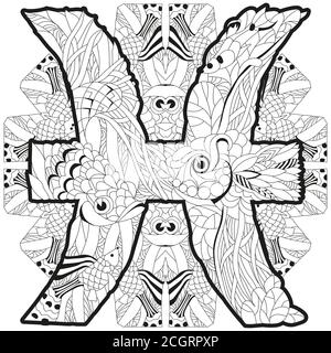 PISCES zodiac sign with mandala cute cartoon character retro zentangle stylized in vector for coloring Stock Vector