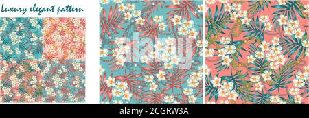 Set Luxurious elegant pattern with trendy 80s splendor tropical flowers and palm leaves fashion accessories, in living coral color and turquoise seaml Stock Vector