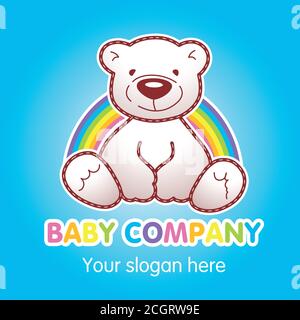 Goods for kids top store vector logo. Toy animated baby bear sitting under rainbow. Toys shop ad, book of tales character. Greeting card with Teddy Stock Vector