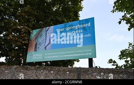 Brighton UK 12th September 2020 -  Cardinal Newman Catholic School and Newman College in Hove Brighton where two members of staff and three students have recently tested positive e for COVID-19 coronavirus . It is believed the students from the Cardinal Newman Sixth Form College had attended a social gathering before the new term began   : Credit Simon Dack / Alamy Live News Stock Photo