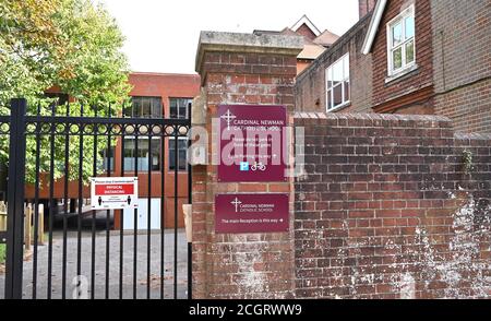 Brighton UK 12th September 2020 -  Cardinal Newman Catholic School and Newman College in Hove Brighton where two members of staff and three students have recently tested positive e for COVID-19 coronavirus . It is believed the students from the Cardinal Newman Sixth Form College had attended a social gathering before the new term began   : Credit Simon Dack / Alamy Live News Stock Photo