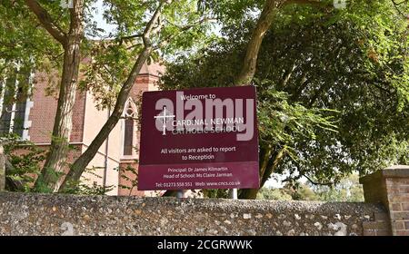 Brighton UK 12th September 2020 -  Cardinal Newman Catholic School and Newman College in Hove Brighton where two members of staff and three students have recently tested positive e for COVID-19 coronavirus . It is believed the students from the Cardinal Newman Sixth Form College had attended a social gathering before the new term began   : Credit Simon Dack / Alamy Live News Stock Photo