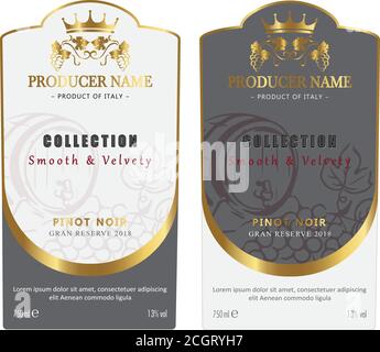 Premium Quality Red and White Wine Labels Set. Clean and Modern Design with Hand Drawn Grapes Bunch, Leaf and Stylish Minimal Typography. Stock Vector