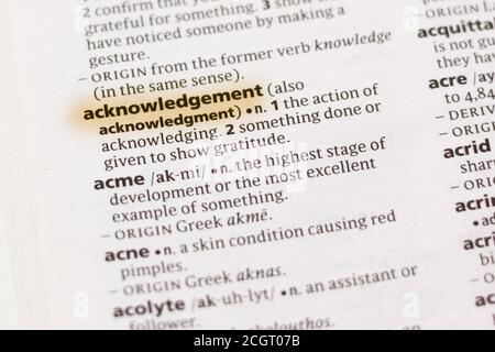 acknowledgement word in a dictionary. acknowledgement concept Stock ...