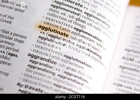 The word or phrase Agglutinate in a dictionary highlighted with marker. Stock Photo