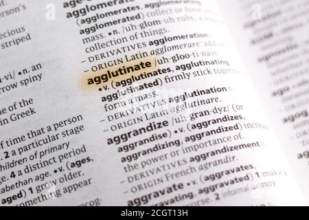 The word or phrase Agglutinate in a dictionary highlighted with marker. Stock Photo