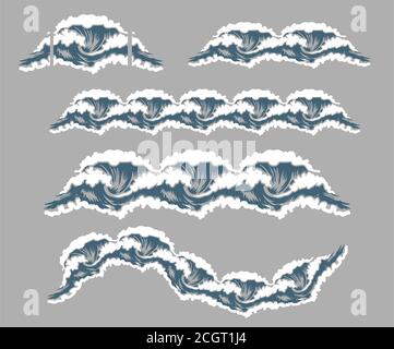 Sea waves sketch pattern. Ocean surf wave hand drawn horizontal seamless pattern illustration vector Stock Vector
