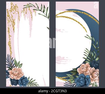 boho flowers with gold foil, Instagram Stories template. Set photo frame. Streaming. Mockup for Instagram Stories, frame instagram story covers, lette Stock Vector
