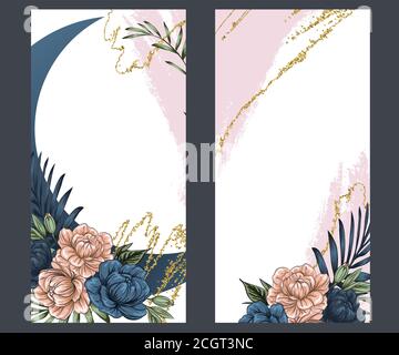 boho flowers with gold foil, Instagram Stories template. Set photo frame. Streaming. Mockup for Instagram Stories, frame instagram story covers, lette Stock Vector