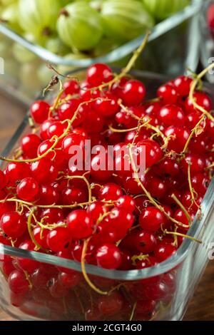 Assorted berries of raspberries, gooseberries and red currants in glass bowls on a wooden table. Stock Photo