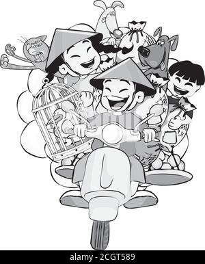 Isolated illustration of people riding mopeds and motorbikes in color. The whole Vietnamese family is on one moped. Stock Vector