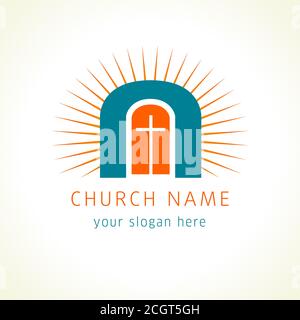 Old arc window, cross and sun vector logo. Christian church colorful icon. Crucifix and sunrise, religious symbol of Jesus is door. Stock Vector