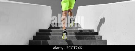 Stairs workout runner man running up climbing stair outdoor gym cardio hiit interval run training panoramic banner background Stock Photo