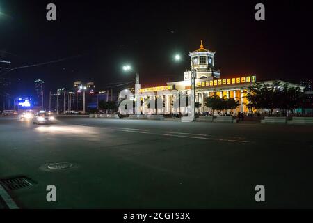 Pyongyang Train station at night, Pyongyang, North Korea Stock Photo