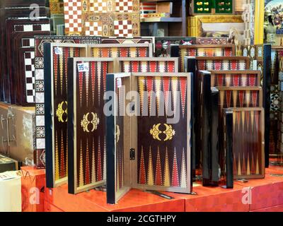 Colourful Souvenir Turkish Backgammon Boards For Sale, in Egyptian Bazaar,Istanbul,Turkey Stock Photo