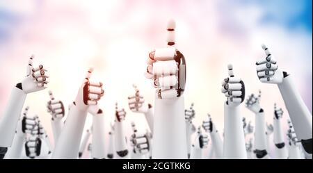 Robot humanoid hands up to celebrate goals success achieved by using AI artificial intelligence thinking and machine learning process for the 4th industrial revolution. 3D illustration. Stock Photo