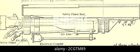 . Electric railway journal . type of engineers valve, also one which admits airto a large piston for raising and lowering the trolley tower, anda valve which operates an air brake on the trolley-wire pay-out wheel. An electric bell circuit is provided with a pushbutton on lop of the tower and a bell within the body of thecar so that the linemen may conveniently signal the motorman.The telephone equipment is a wall set mounted with a hingeand so weighted that when it is not in use it will be heldagainst the roof of the car and out of the way. A workbench, vise and a complement of small tools ar Stock Photo