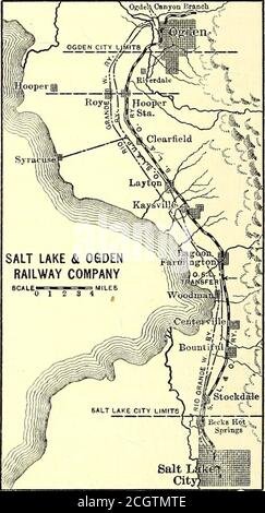 . Electric railway journal . Dancing PavilionMiniature RailwayAthletic FieldBall ParkGrand StandMenagerieChute-the-ChutesRoller Skating RinkScenic RailwayTour-of-the-WorldBoat HouseBoweryBowling AlleysShooting GalleriesBathing PoolFountainBear PitTwo Ice HousesDepot 20 Three Saloons 21 Bridge 22 Two Restaurants 23 Auxiliary Power Plant21 Tool House 26 Water Tank & Coal Bins. Salt Lake & Ogden Railway—Plan of Lagoon of short-radius curves, lowering of heavy grades, re-laying of tracks with heavier steel, bonding of rails, string-ing of feeder and trolley wires and rearranging of thecity termina Stock Photo