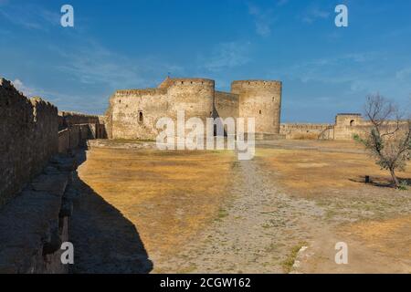 Ancient Bilhorod-Dnistrovskyi or Akkerman fortress in Ukraine. Garrison courtyard with Citadel, Prison and Commandant Towers . Stock Photo