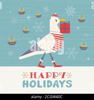 Cute seagull with Christmas gift box vector poster Stock Vector