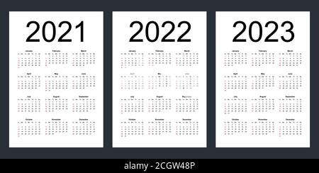 Simple editable vector calendars for year 2021, 2022, 2023. Week starts from Sunday. Vertical. Isolated illustration. Stock Vector