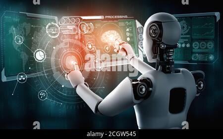 AI humanoid robot touching virtual hologram screen showing concept of AI brain and artificial intelligence thinking by machine learning process. 3D illustration. Stock Photo