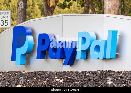 Sep 8, 2020 San Jose / CA / USA - Close up of PayPal logo at their headquarters in Silicon Valley; PayPal Holdings Inc. is an American company operati Stock Photo