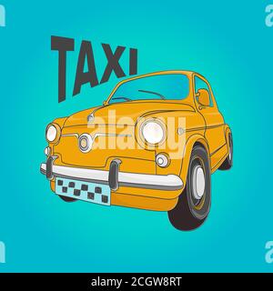 Vector illustration of a yellow retro taxi. Car bottom view on the wheel  Stock Vector