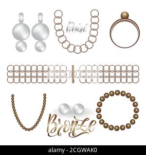 Jewelry bronze vintage fashion realistic set on white background  Stock Vector