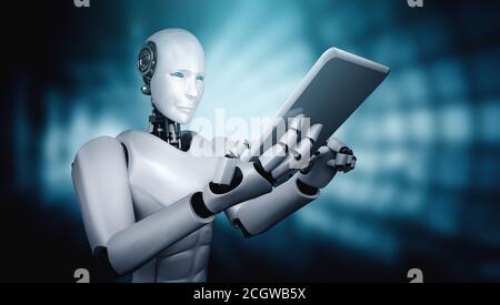 Robot humanoid using tablet computer in future office while using AI thinking brain , artificial intelligence and machine learning process . 4th fourth industrial revolution 3D illustration. Stock Photo