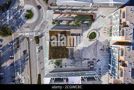 Espoo, Finland - September 11, 2020: Aerial view of the Urheilupuisto metro station and the brand new district around the station. The modern nordic a Stock Photo