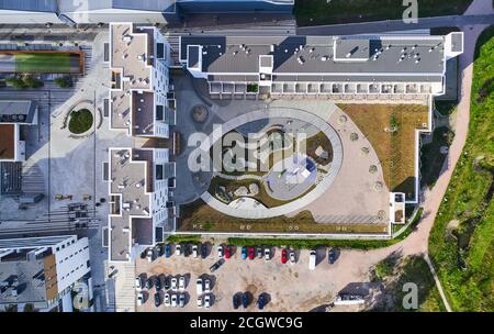 Espoo, Finland - September 11, 2020: Aerial view of the public space on the roof of the multilevel car parking. Stock Photo