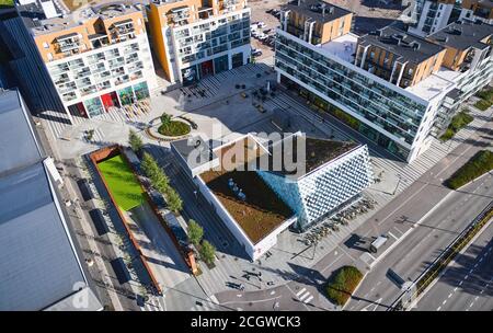 Espoo, Finland - September 11, 2020: Aerial view of the Urheilupuisto metro station and the brand new district around the station. The modern nordic a Stock Photo