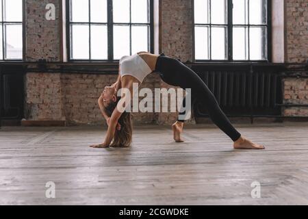 Young Attractive Woman Practicing Yoga At Home, Stretching In Camatkarasana  Exercise, Wild Thing, Flip-the-Dog Pose, Working Out, Wearing Sportswear,  Black Shorts, Top, Full Length, Studio Background Stock Photo, Picture and  Royalty Free