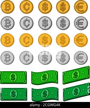 Money bills dollar cash paper notes, gold coins, silver coins and cryptocurrency vector set. Money cash, illustration Stock Vector