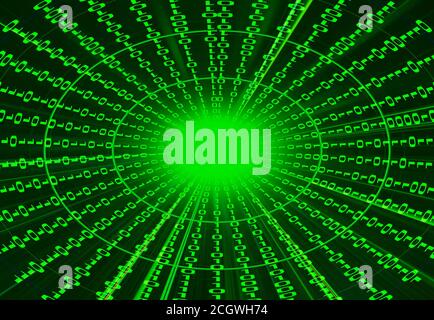 Digital binary data tunnel and binary code streaming on the black background. Stock Photo