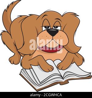 cartoon vector illustration of a dog fluffy reading Stock Vector