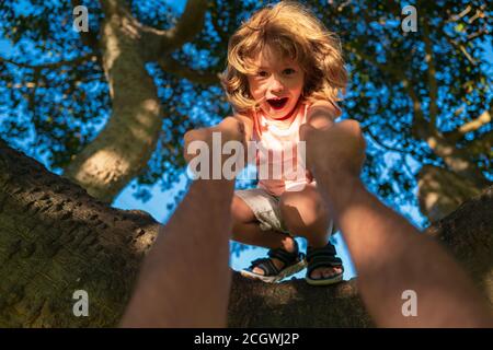 Father helping son climb a tree. Cute kids boy climbing on the tree. Parent holds the hand of a child. Stock Photo