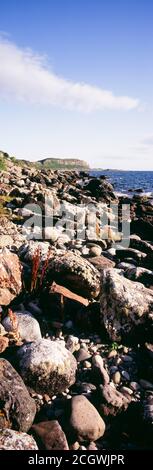 West coast with rock and beach on the Isle of Arran near Kings Cave. Stock Photo