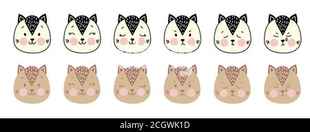 Cute simple animal portraits. Cat. A set of emotions - joy, anger, sleep, cry. Cats face - Color and black and white drawing. For childrens decor Stock Vector