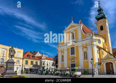 little tourist train on the square in Gyor city in Hungary . Stock Photo